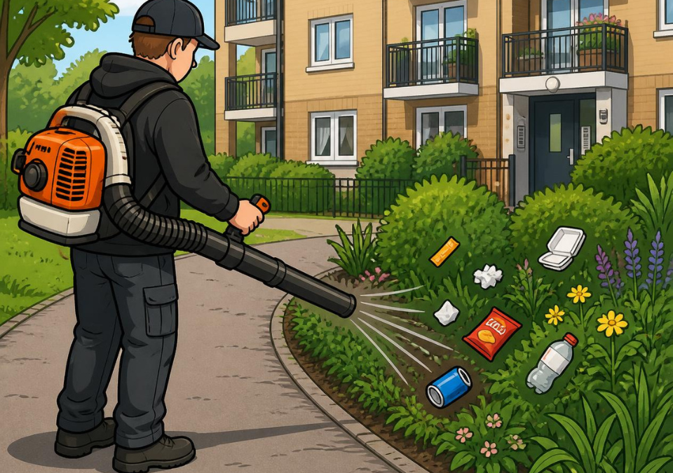 Cartoon image of a person using a blowervac on a path but blowing rubbish into the garden